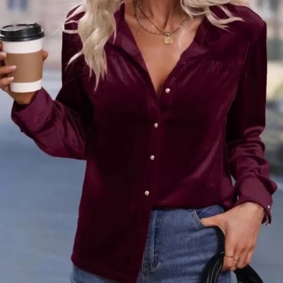 New Luxe Burgundy Velvet ButtonâDownâOversizedâShirtâTop - Picture 1 of 16